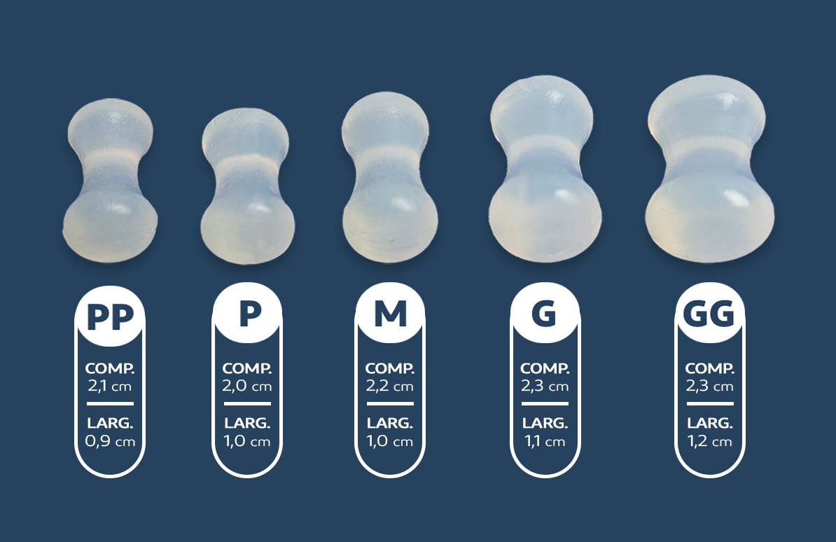Tamanhos do Hiperboloide: PP 2,1 × 0,9 cm, P 2,0 × 1,0 cm, M 2,2 × 1,0 cm, G 2,3 × 1,1 cm e GG 2,3 × 1,2 cm (comprimento × largura)